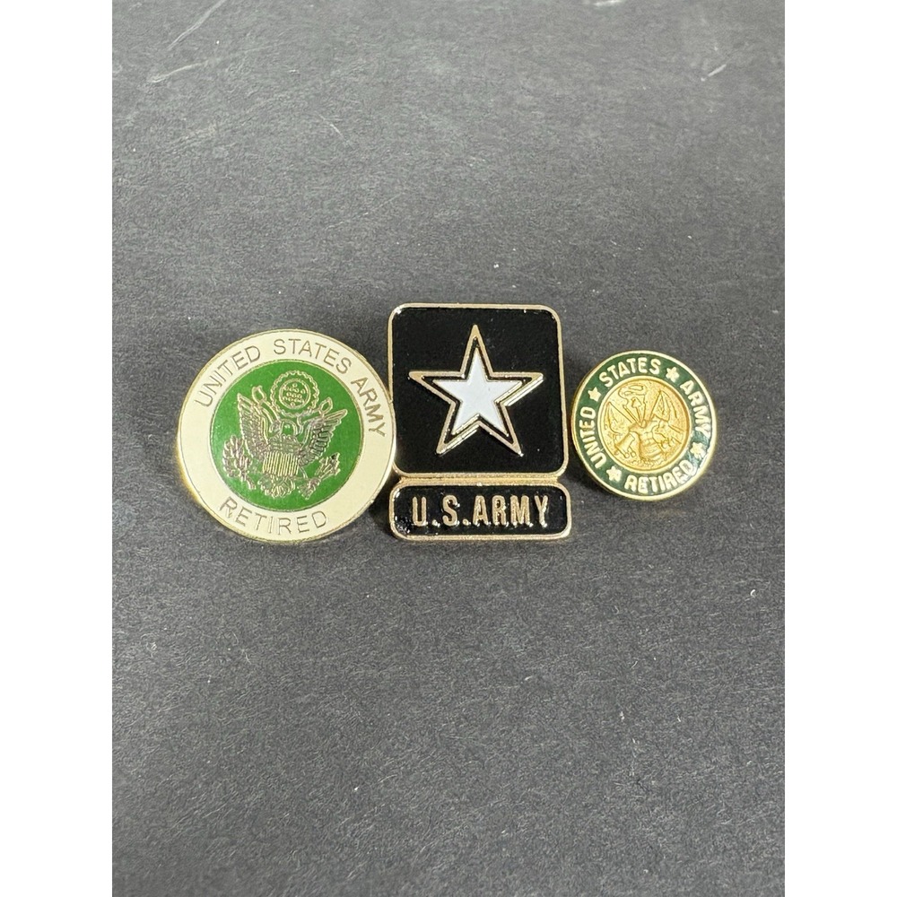 US Army Retired Lapel Hat Pins Lot of 3 Military Veteran Eagle Star Gold Tone